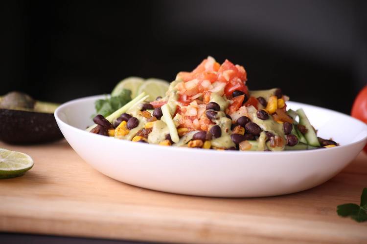 Nachos Recipe - Mexican Tortilla Bowl with with Black Beans, Corn, Tomatoes and Cucumber