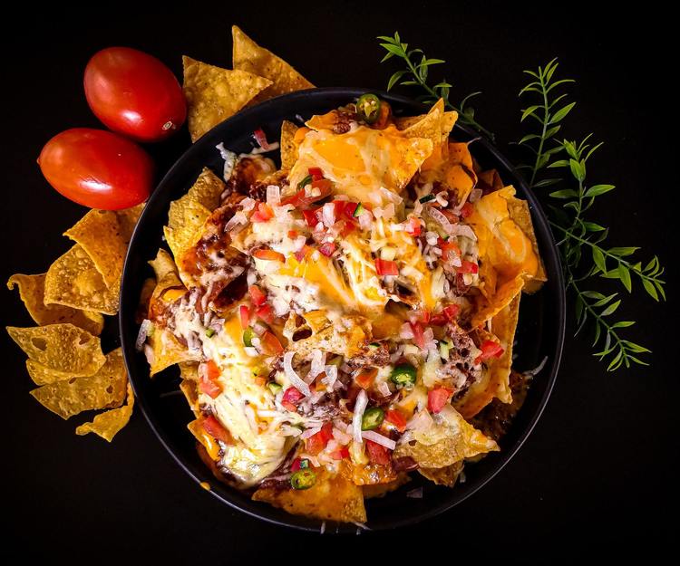 Nachos Recipe - Nachos with Pork, Tomatoes, Peppers, Onions and Cheese