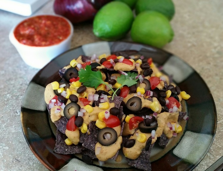Nachos Recipe - Purple Corn Chips with Black Olives, Corn and Queso
