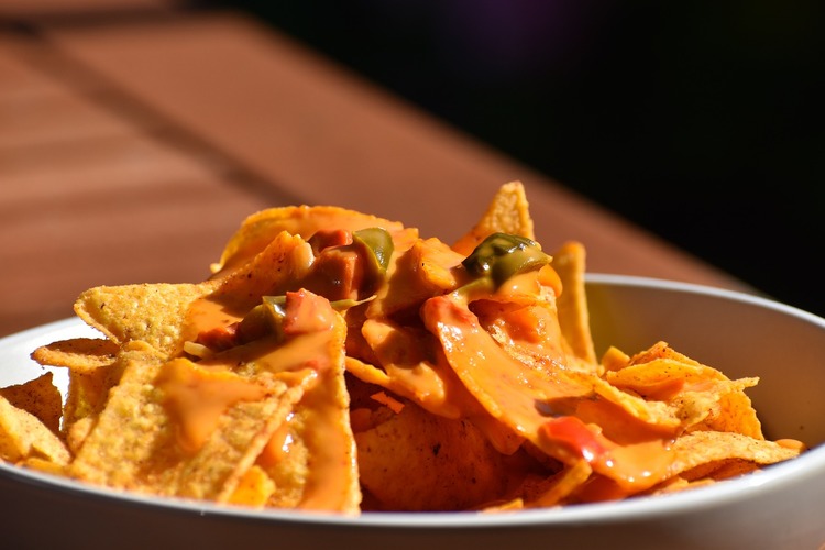 Nachos Recipe - Corn Tortilla Chips with Melted Cheese, Bacon and Peppers