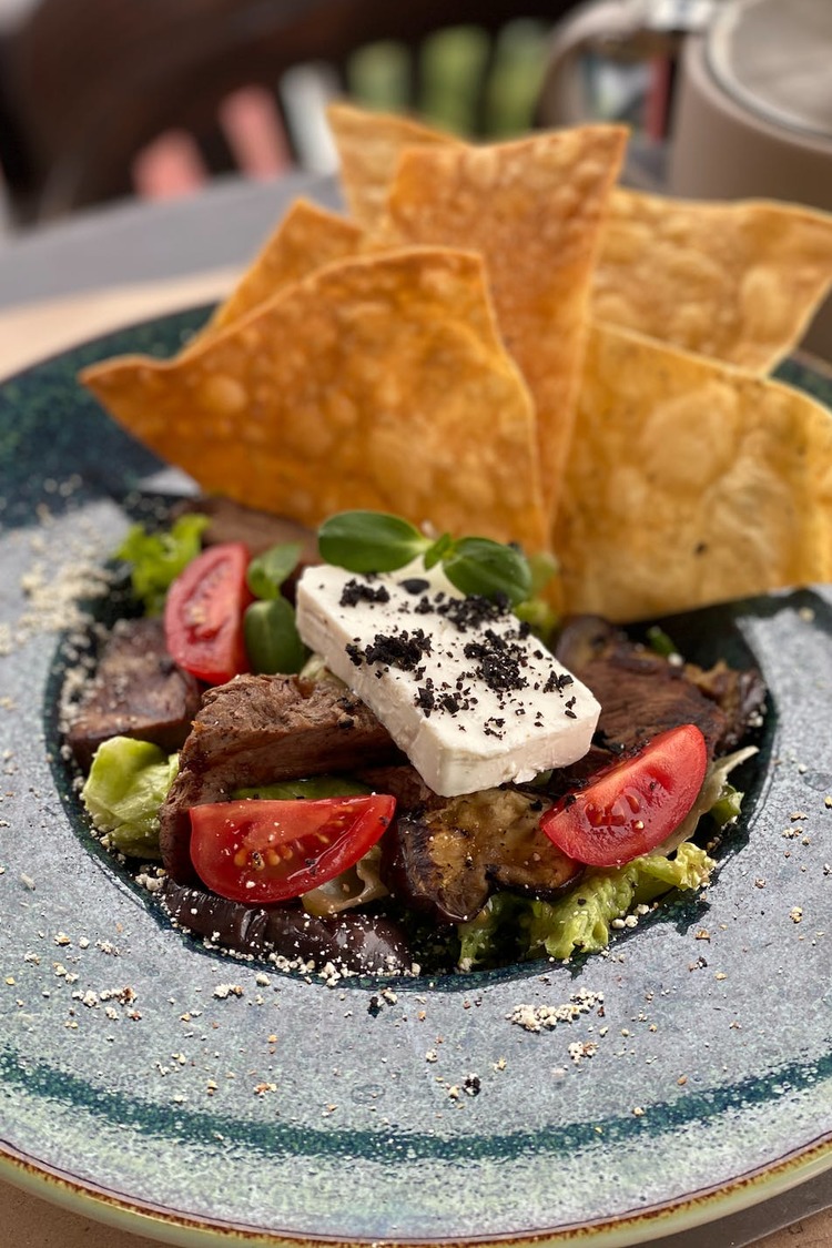 Tortilla Plate with Beef, Eggplant, Tomatoes and Soft Cheese