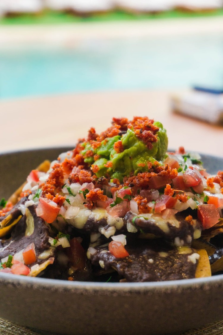 Nachos Recipe - Blue Tortilla Chips Bowl with Guacamole, Bacon and Shredded Cheese